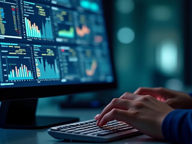 Écran d'ordinateur affichant des graphiques de données complexes et des modèles économiques sur un tableau de bord analytique.