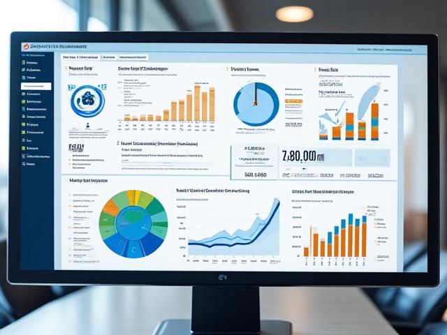 Tableau de bord numérique affichant des métriques de marketing digital, des graphiques de SEO et SEA, avec des icônes de cible et de croissance.